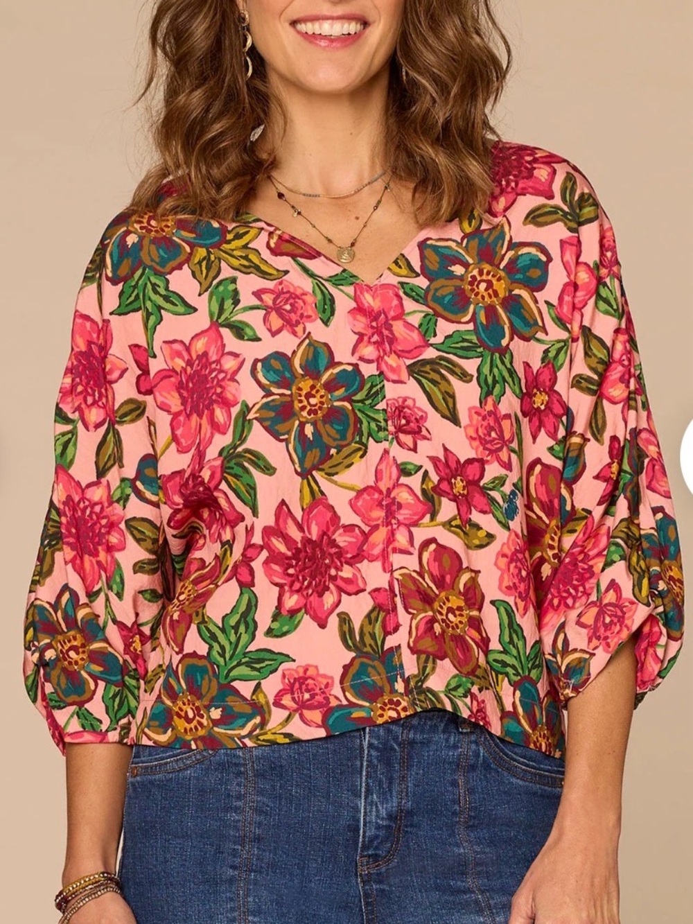 Democracy pink floral blouse with green and blue flowers, size L. Brand new with
